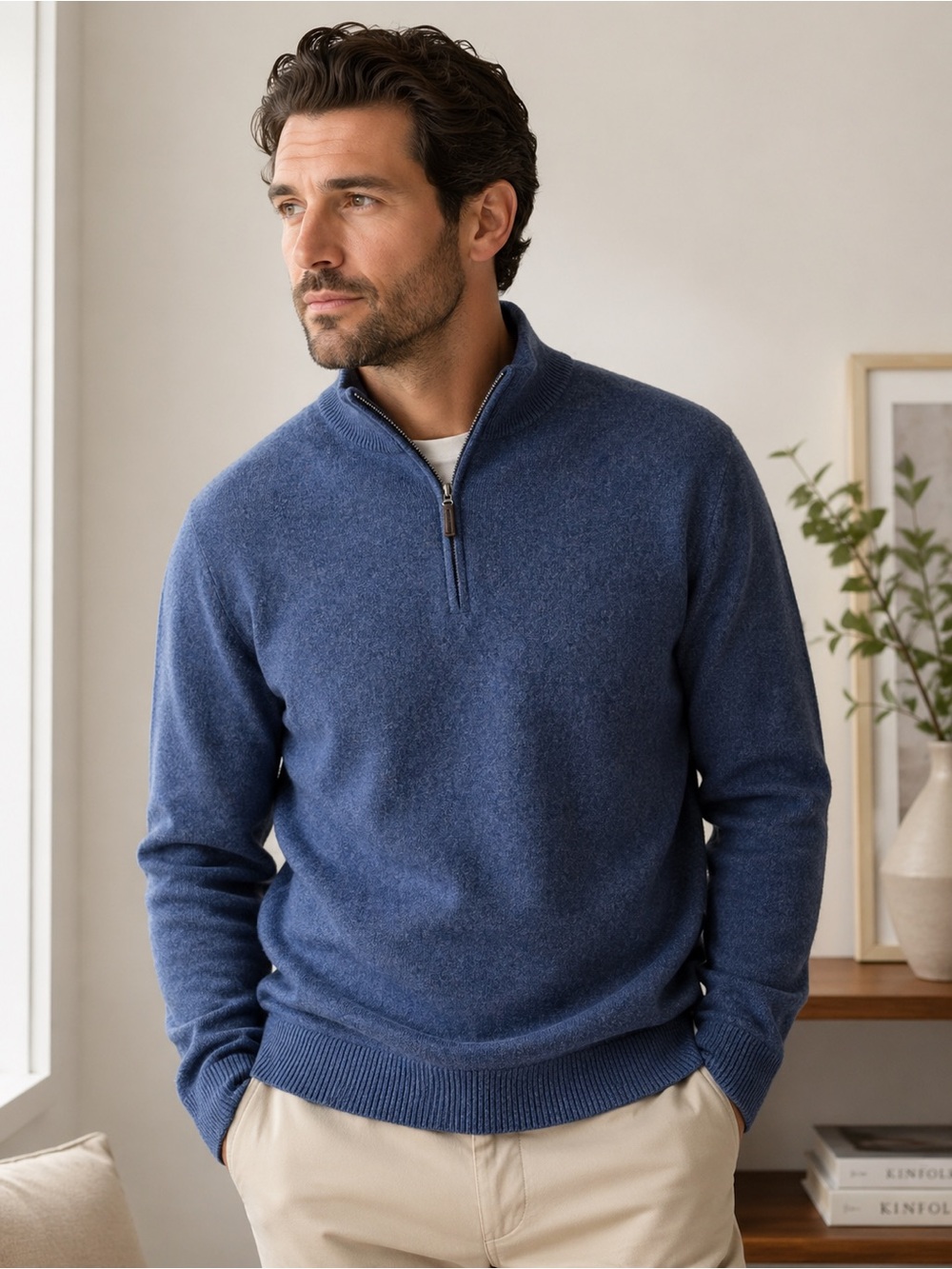 Daniel Hechter 100% Cashmere Half Zip Sweater Mens XL Blue Luxury Pullover